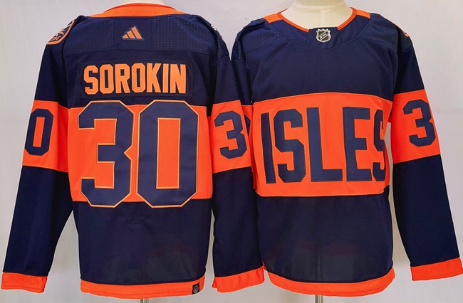 New York Islanders #30 Ilya Sorokin Navy 2024 With Stadium Series Patch Stitched Jersey