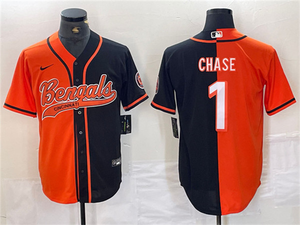 Cincinnati Bengals #1 Ja'Marr Chase Black Orange Split With Patch Cool Base Stitched Jersey