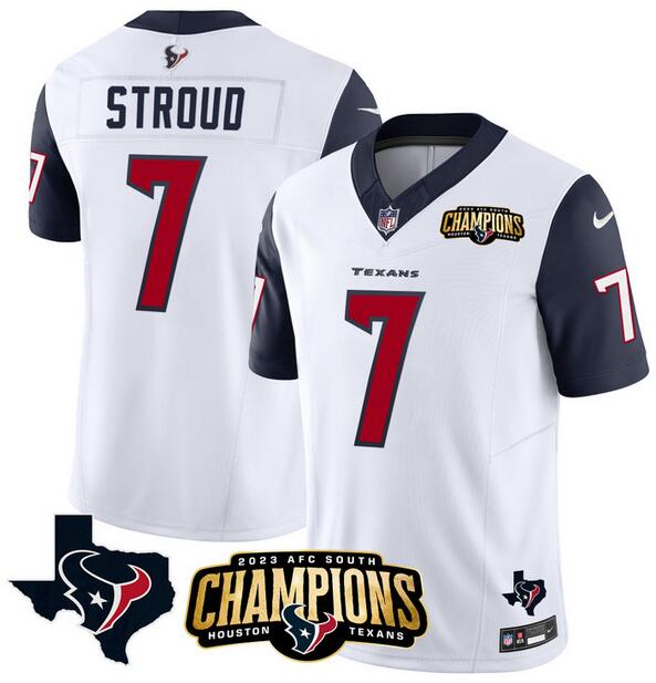 Houston Texans #7 C.J. Stroud White Navy 2023 F.U.S.E. AFC South Champions Patch And Team Logo Patch Vapor Untouchable Limited Stitched Jersey