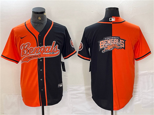 Cincinnati Bengals Team Big Logo Black Orange Split With Patch Cool Base Stitched Jersey