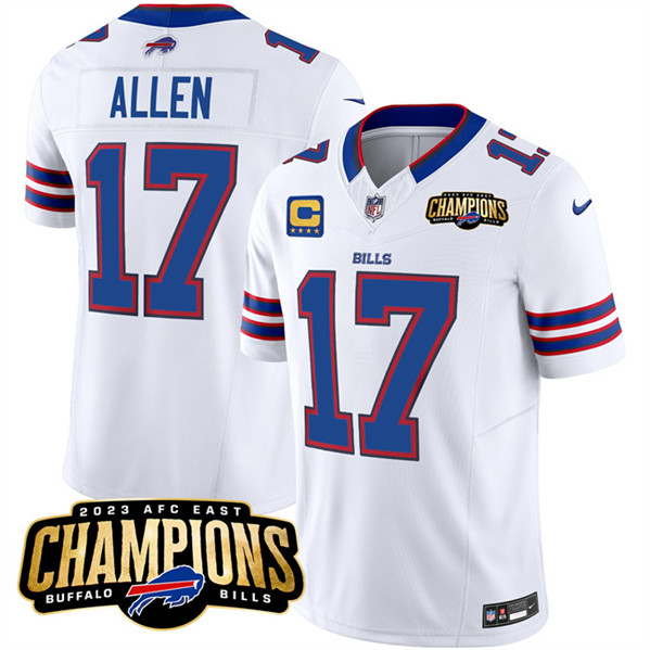 Buffalo Bills #17 Josh Allen White 2023 F.U.S.E. AFC East Champions With 4-Star C Ptach Stitched Jersey