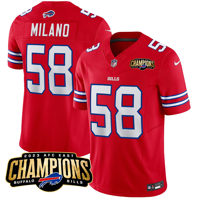 Buffalo Bills #58 Matt Milano Red 2023 F.U.S.E. AFC East Champions Ptach Stitched Jersey