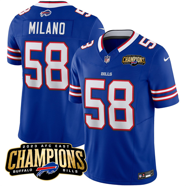 Buffalo Bills #58 Matt Milano Blue 2023 F.U.S.E. AFC East Champions Ptach Stitched Jersey