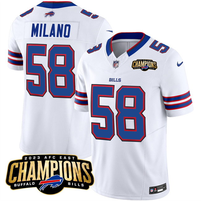 Buffalo Bills #58 Matt Milano White 2023 F.U.S.E. AFC East Champions Ptach Stitched Jersey