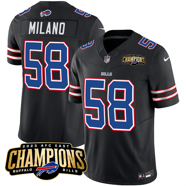 Buffalo Bills #58 Matt Milano Black 2023 F.U.S.E. AFC East Champions With 4-Star C Ptach Stitched Jersey