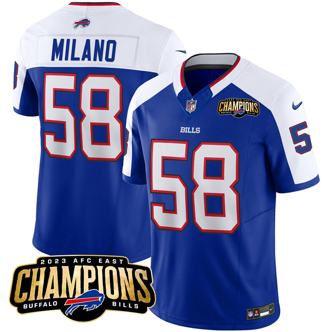 Buffalo Bills #58 Matt Milano Blue White 2023 F.U.S.E. AFC East Champions With 4-Star C Ptach Stitched Jersey