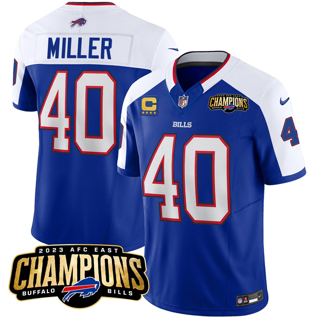 Buffalo Bills #40 Von Miller Blue White 2023 F.U.S.E. AFC East Champions With 4-Star C Ptach Stitched Jersey