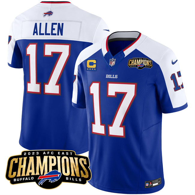 Buffalo Bills #17 Josh Allen Blue White 2023 F.U.S.E. AFC East Champions With 4-Star C Ptach Stitched Jersey