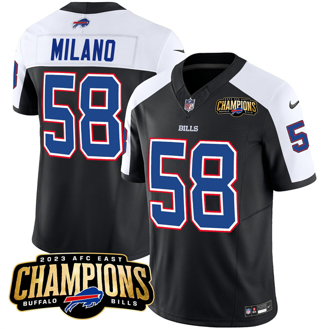 Buffalo Bills #58 Matt Milano Black White 2023 F.U.S.E. AFC East Champions With 4-Star C Ptach Stitched Jersey