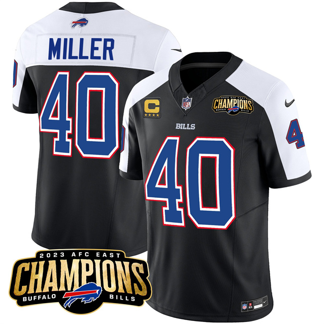Buffalo Bills #40 Von Miller Black White 2023 F.U.S.E. AFC East Champions With 4-Star C Ptach Stitched Jersey