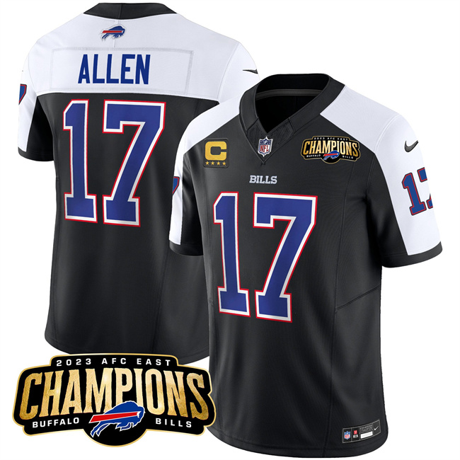 Buffalo Bills #17 Josh Allen Black White 2023 F.U.S.E. AFC East Champions With 4-Star C Ptach Stitched Jersey