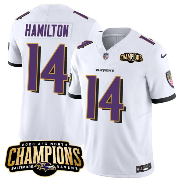Baltimore Ravens #14 Kyle Hamilton White 2023 F.U.S.E. AFC North Champions Vapor Limited Stitched Jersey