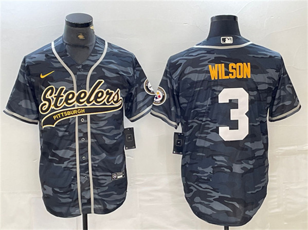 Pittsburgh Steelers #3 Russell Wilson Gray Camo With Patch Cool Base Stitched Jersey