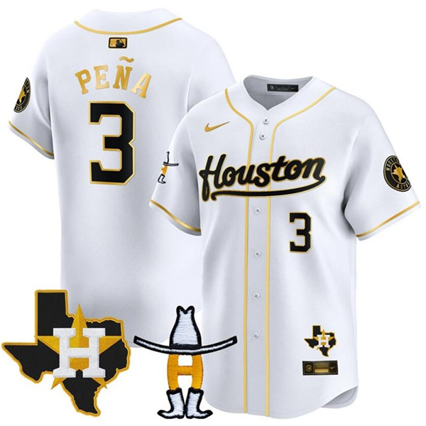 Houston Astros #3 Jeremy Peña White Gold Houston Rodeo Patch Vapor Premier Limited Stitched Jersey