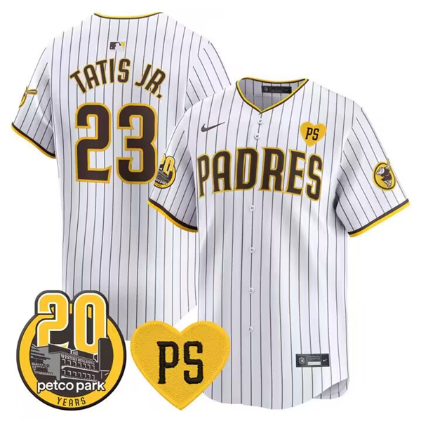 San Diego Padres #23 Fernando Tatis Jr. White “For Peter” And Petco Park 20th Patch Limited Stitched Jersey