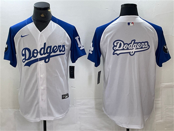 Los Angeles Dodgers Team Big Logo White Blue Vin Patch Cool Base Stitched Jersey