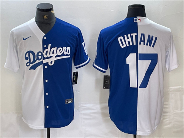 Los Angeles Dodgers #17 Shohei Ohtani White Blue Split Cool Base Stitched Jersey