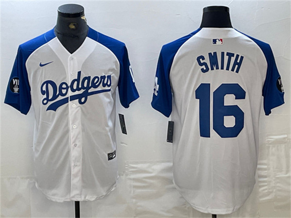 Los Angeles Dodgers #16 Will Smith White Blue Vin Patch Cool Base Stitched Jersey
