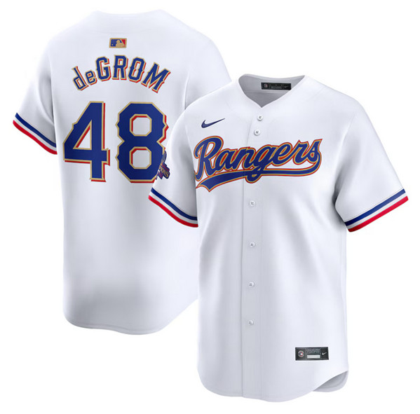 Texas Rangers #48 Jacob DeGrom White 2024 Gold Collection Cool Base Stitched Jersey