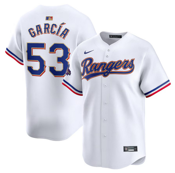 Texas Rangers #53 Adolis Garcia White 2024 Gold Collection Cool Base Stitched Jersey