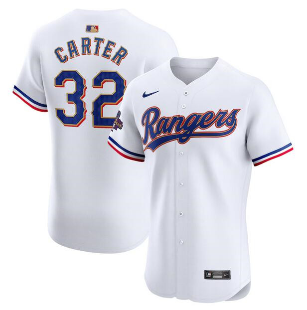 Texas Rangers #32 Evan Carter White 2024 Gold Collection Flex Base Stitched Jersey