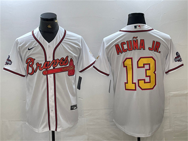 Atlanta Braves #13 Ronald Acuña Jr. White Gold World Series Champions Cool Base Stitched Jersey