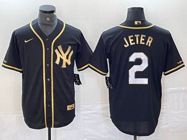 New York Yankees #2 Derek Jeter Black Gold Cool Base Stitched Jersey