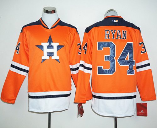 Astros #34 Nolan Ryan Orange Long Sleeve Stitched Jersey