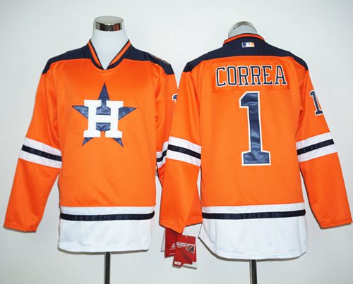 Astros #1 Carlos Correa Orange Long Sleeve Stitched Jersey