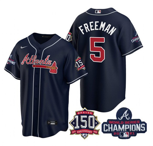 Atlanta Braves #5 Freddie Freeman 2021 Navy World Series Champions With 150th Anniversary Patch Cool Base Stitched Jersey