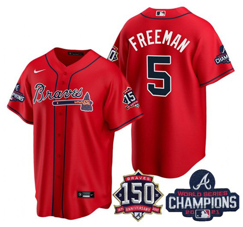 Atlanta Braves #5 Freddie Freeman 2021 Red World Series Champions With 150th Anniversary Patch Cool Base Stitched Jersey