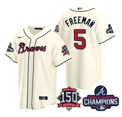 Atlanta Braves #5 Freddie Freeman 2021 Cream World Series Champions With 150th Anniversary Patch Cool Base Stitched Jersey