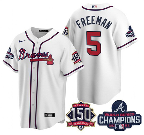 Atlanta Braves #5 Freddie Freeman 2021 White World Series Champions With 150th Anniversary Patch Cool Base Stitched Jersey