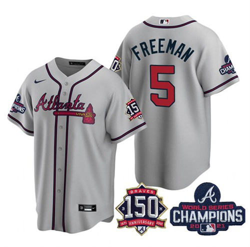 Atlanta Braves #5 Freddie Freeman 2021 Gray World Series Champions With 150th Anniversary Patch Cool Base Stitched Jersey