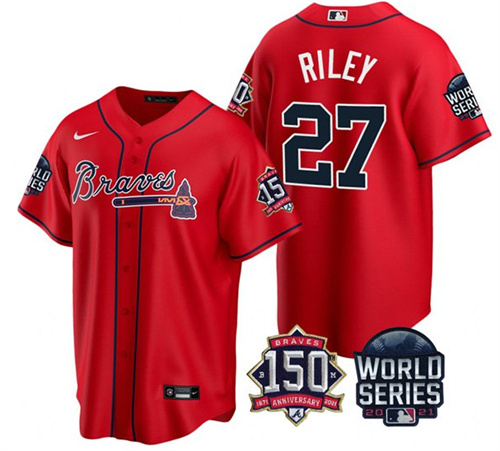Atlanta Braves #27 Austin Riley 2021 Red World Series With 150th Anniversary Patch Cool Base Stitched Jersey