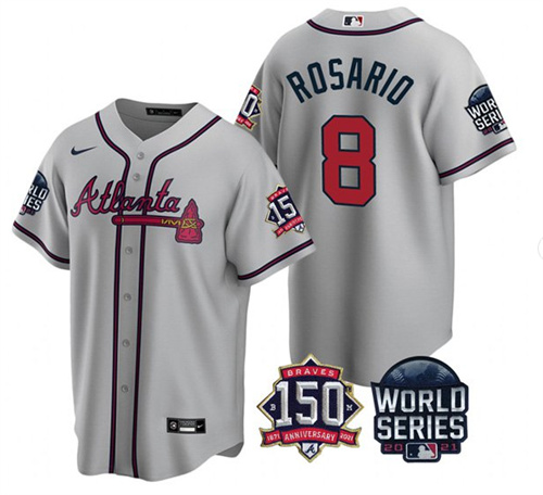 Atlanta Braves #8 Eddie Rosario 2021 Gray World Series With 150th Anniversary Patch Cool Base Stitched Jersey