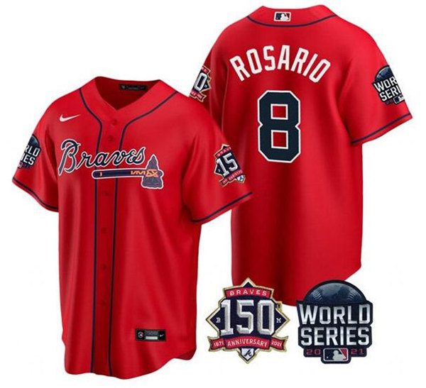 Atlanta Braves #8 Eddie Rosario 2021 Red World Series With 150th Anniversary Patch Cool Base Stitched Jersey