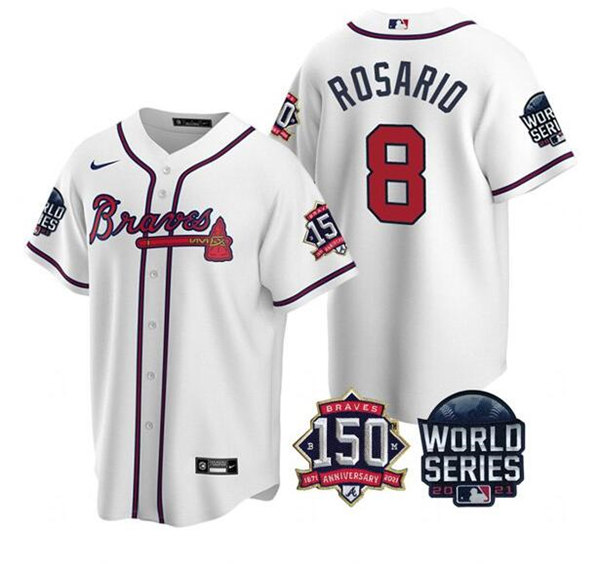 Atlanta Braves #8 Eddie Rosario 2021 White World Series With 150th Anniversary Patch Cool Base Stitched Jersey