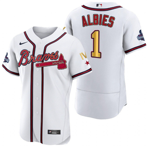 Atlanta Braves #1 Ozzie Albies White Gold World Series Champions Flex Base Stitched Jersey