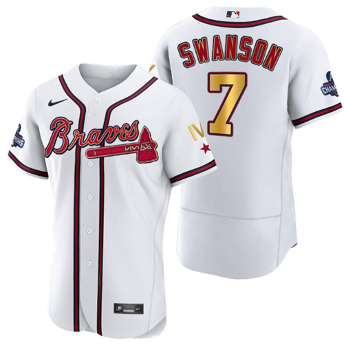 Atlanta Braves #7 Dansby Swanson White Gold World Series Champions Flex Base Stitched Jersey