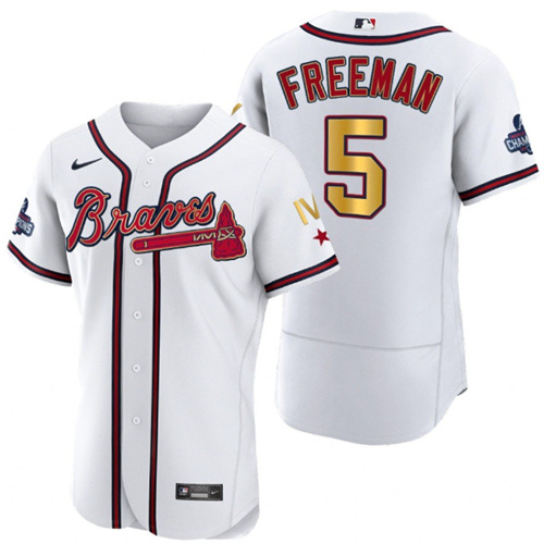 Atlanta Braves #5 Freddie Freeman White Gold World Series Champions Flex Base Stitched Jersey