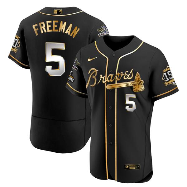 Atlanta Braves #5 Freddie Freeman Black Golden World Series Champions With 150th Anniversary Patch Flex Base Stitched Jersey