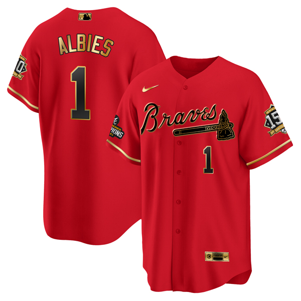 Atlanta Braves #1 Ozzie Albies 2021 Red Gold World Series Champions With 150th Anniversary Patch Cool Base Stitched Jersey