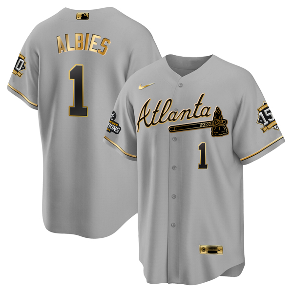 Atlanta Braves #1 Ozzie Albies 2021 Gray Gold World Series Champions With 150th Anniversary Patch Cool Base Stitched Jersey