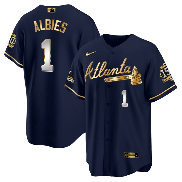 Atlanta Braves #1 Ozzie Albies 2021 Navy Gold World Series Champions With 150th Anniversary Patch Cool Base Stitched Jersey