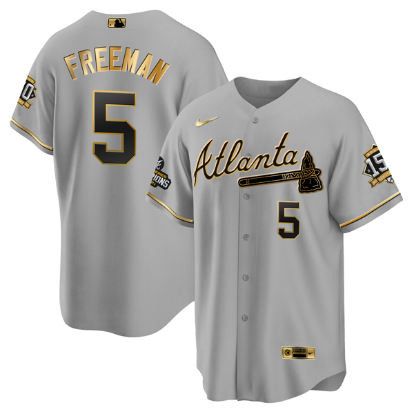 Atlanta Braves #5 Freddie Freeman 2021 Gray Gold World Series Champions With 150th Anniversary Patch Cool Base Stitched Jersey