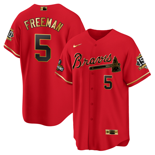 Atlanta Braves #5 Freddie Freeman 2021 Red Gold World Series Champions With 150th Anniversary Patch Cool Base Stitched Jersey