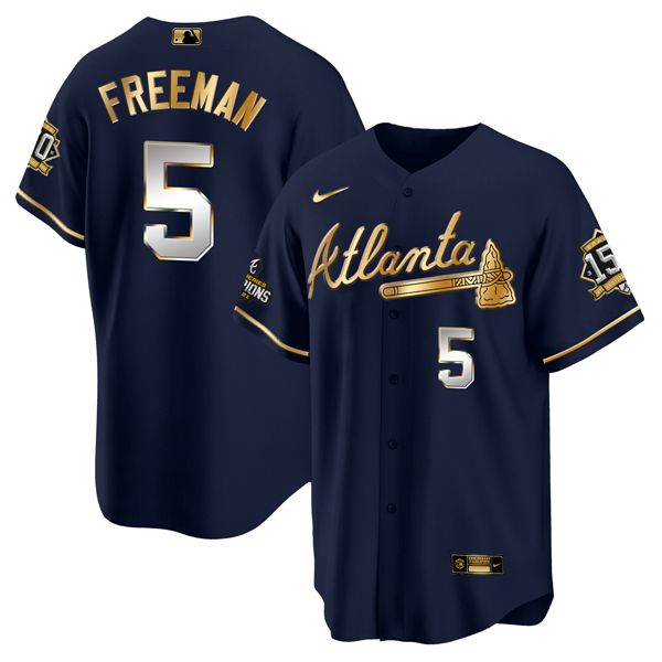 Atlanta Braves #5 Freddie Freeman 2021 Navy Gold World Series Champions With 150th Anniversary Patch Cool Base Stitched Jersey