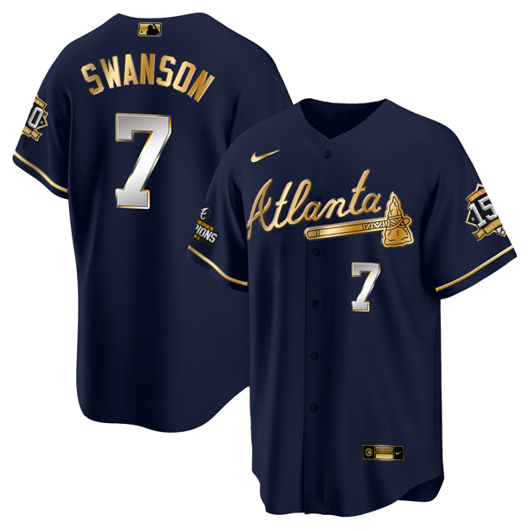 Atlanta Braves #7 Dansby Swanson 2021 Navy Gold World Series Champions With 150th Anniversary Patch Cool Base Stitched Jersey