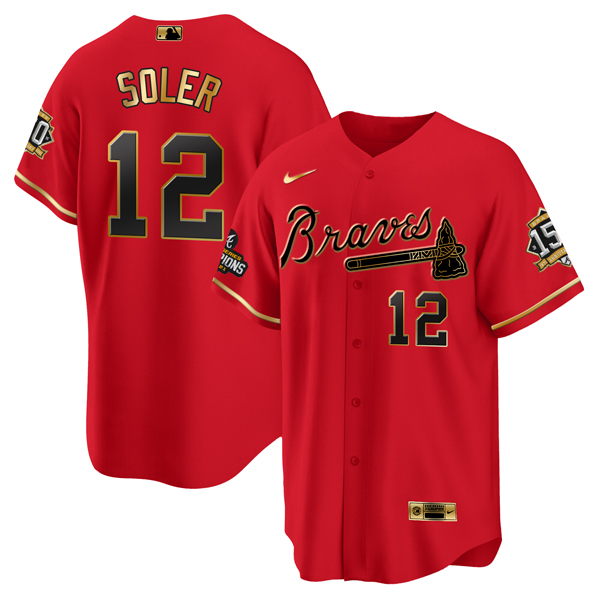 Atlanta Braves #12 Jorge Soler 2021 Red Gold World Series Champions With 150th Anniversary Patch Cool Base Stitched Jersey